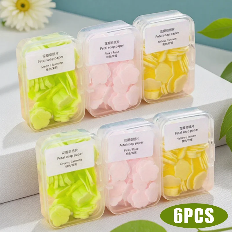 

6 шт., маленькая коробка с лепестками, таблетки для мыла, дорожные одноразовые таблетки для мыла, мыльная бумага в штучной упаковке, мыло с розовым перцем и лимоном