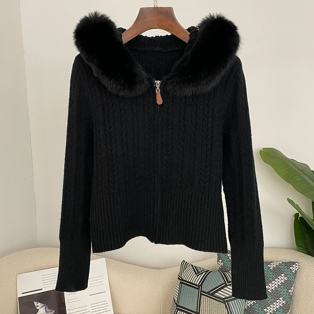 تريكو المرقعة الفراء الحقيقي المرأة الربيع الحلو فروي تقليم مقنعين محبوك اقتصاص بالأزرار سليم سستة البلوزات الخريف سيدة