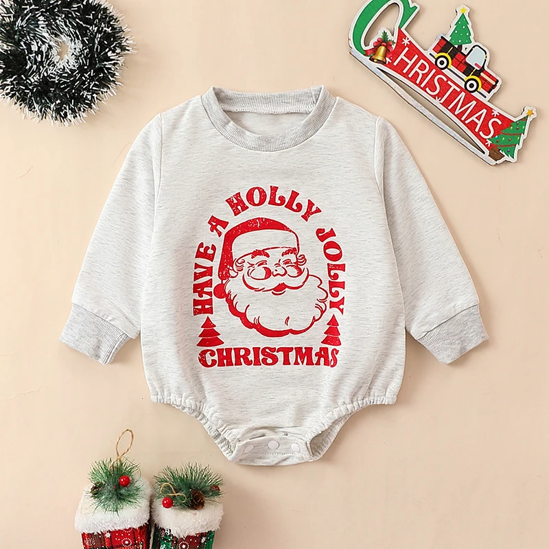 2023 Autumn Winter Baby Boys and Girls Christmas Letter Print Tri-Color Long Sleeve Bodysuit Casual Jumpsuit Clothes 0-24M