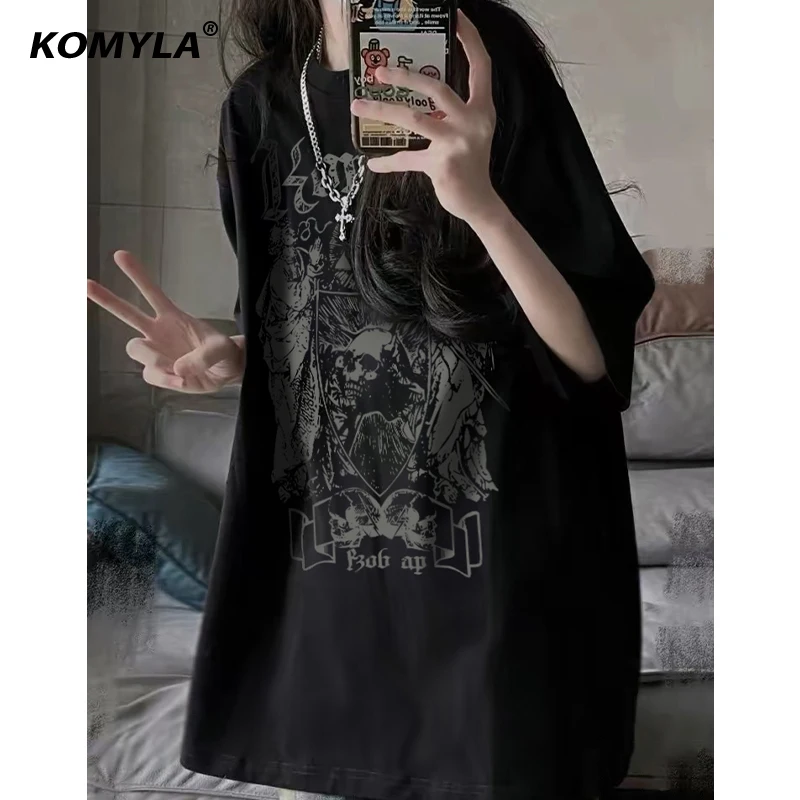 Camiseta gótica de manga corta para mujer, 100% algodón, Calavera funeraria oscura americana, hip hop Punk explosiva, Top Unisex de calle, Instagram