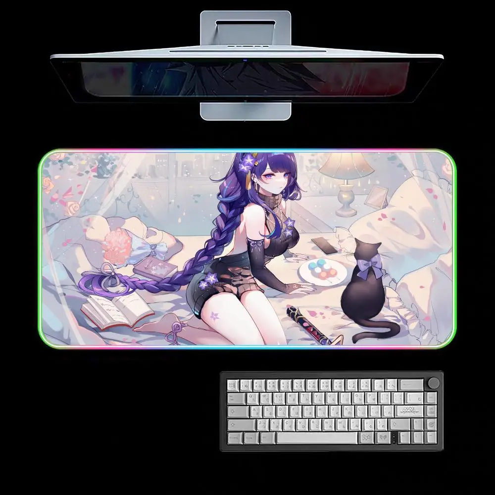 Raiden Shogun Genshin Mouse Pad RGB Gaming Mouse Pad Desk Mat HD Gamer Large LED Light XXL MousePads