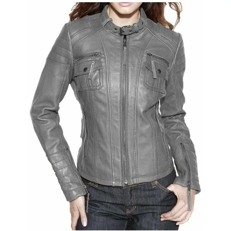 Women's Lambskin Real Leather Stylish Jacket Biker Motorcycle Slim Fit Gray Coat