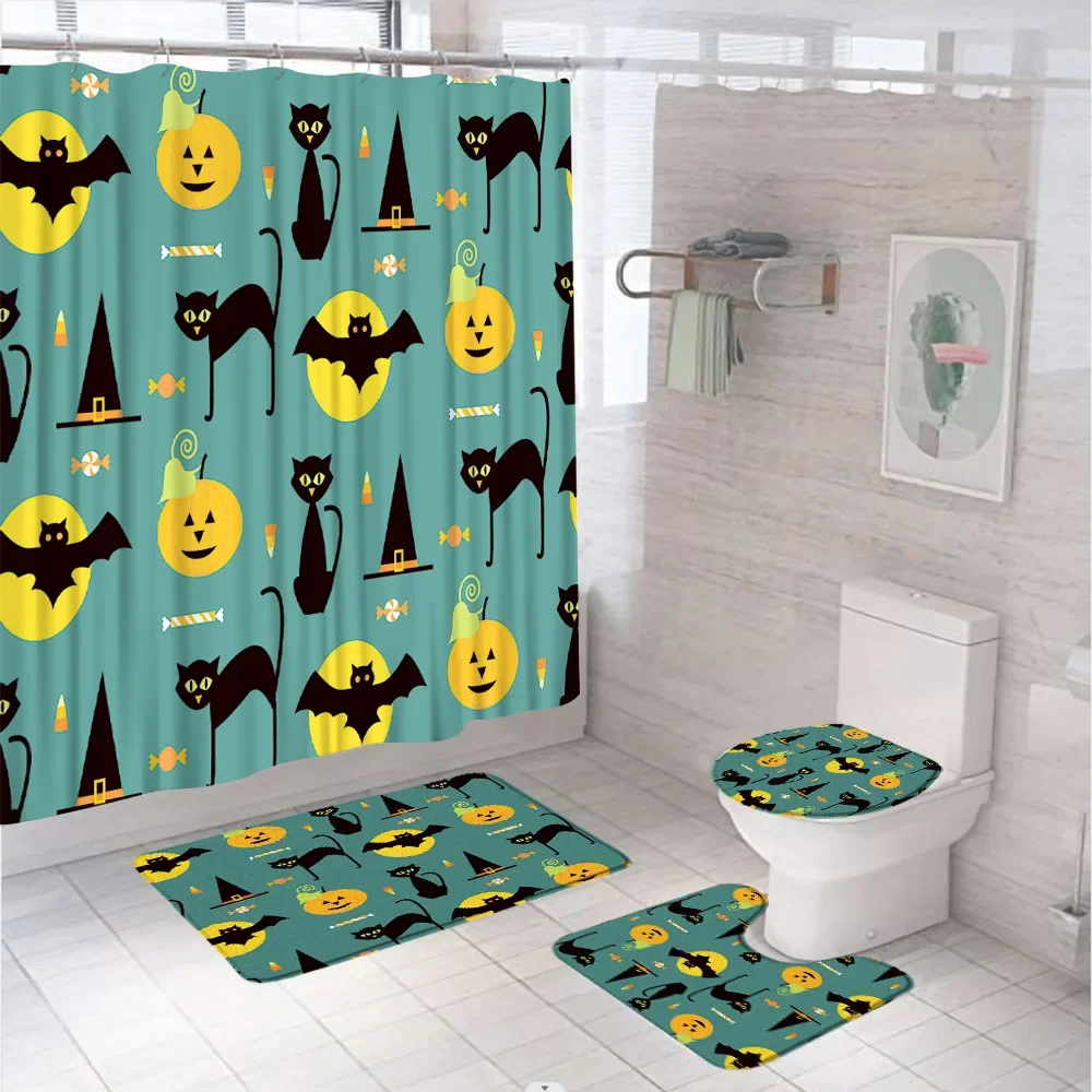 Ghost Skeleton Pumpkin Shower Curtain Set Bathroom Decor Cute Halloween Black Cat Witch Hat Non-Slip Bath Mat Rug Toilet Cover