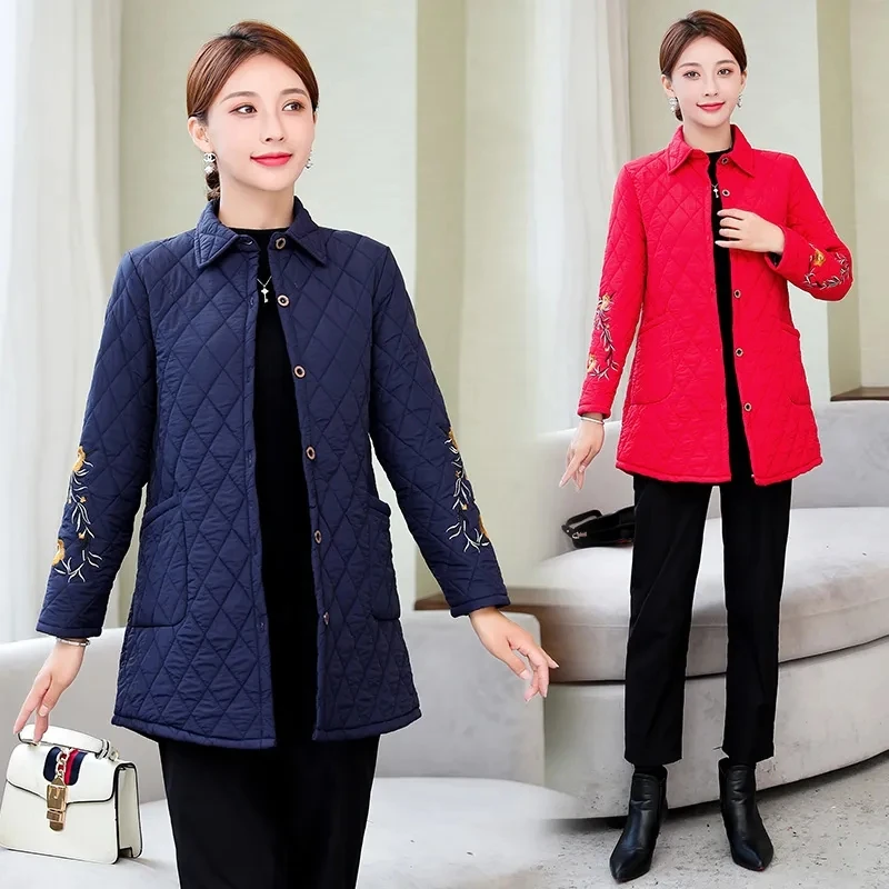 

Autumn Winter Warm Embroider Quilted Jacket Long-sleeved Light Cotton Clothes New Middle age Women cotton-padded Coat Mother War