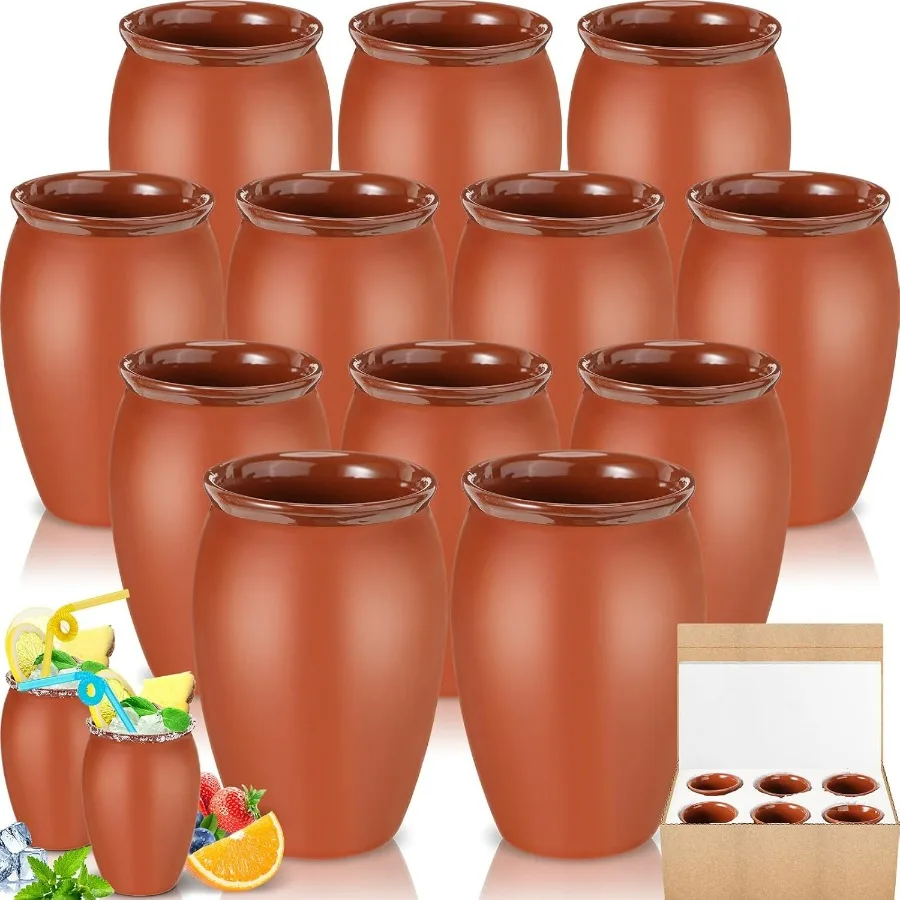 12 Set 20 oz Mexican Clay Cantaritos for Taco Tuesday Fiesta Drinkware: Authentic Handmade Pottery Shooters Cups Ideal for Tequ