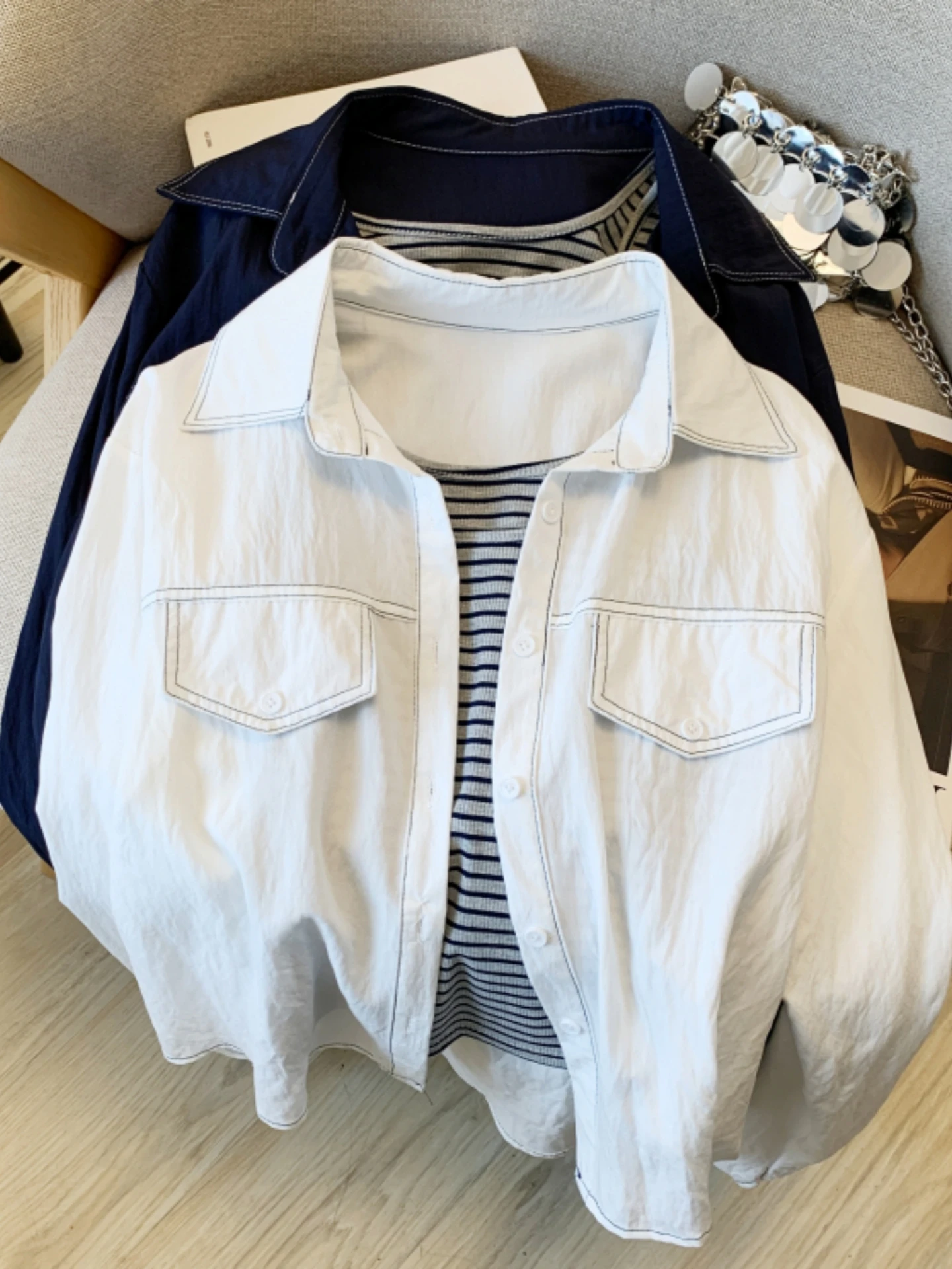 

Spring Autumn Women's plus Size Denim Striped Knitted Vest Shirt Two Piece Set Casual Comfortable Breathable Long Sleeve ...