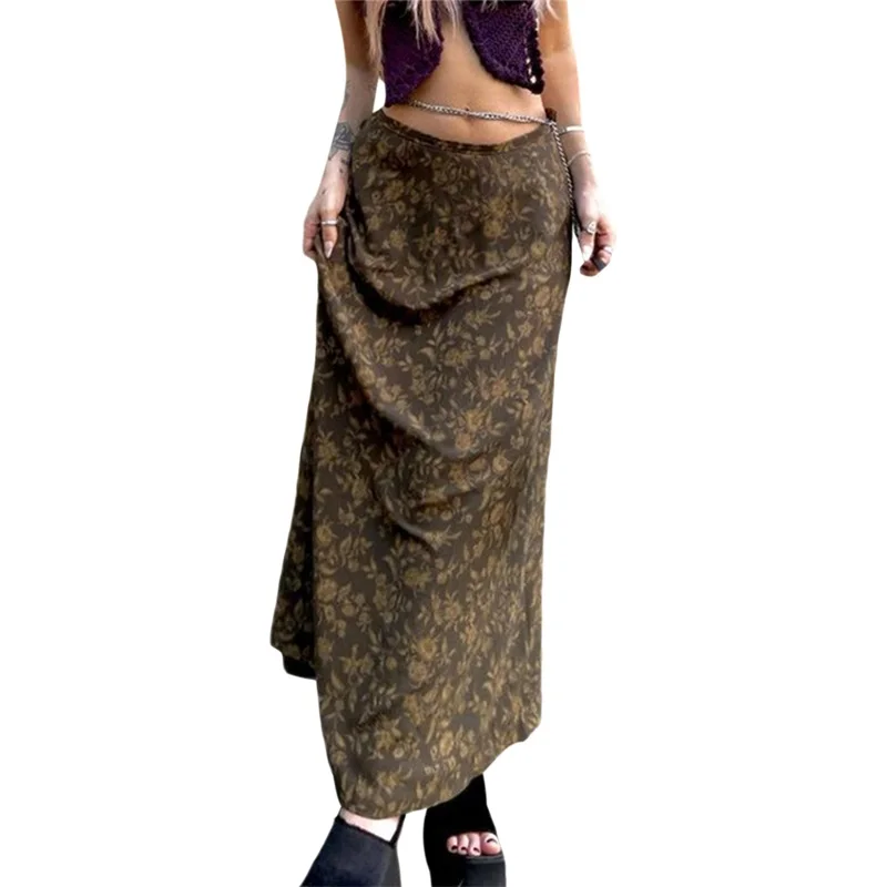 Women Retro Style Skirt Tawny Leaves Printed Pattern Low Waist Flowy Skirt S M L