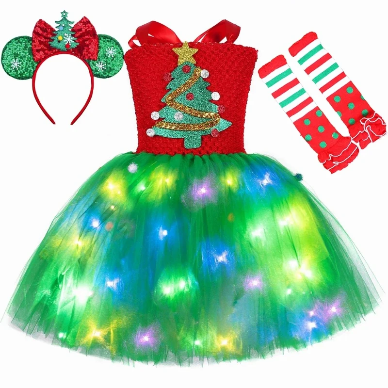 Christmas Costume for Girls LED Light Up Christmas Tree Tutu Princess Dress Clothes Baby Kids New Year Xmas Party Outfits Gift