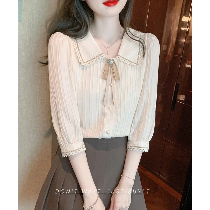 Women Vintage Lace Patchwork Bow Beaded Design Chic Shirts Summer Trendy 3/4 Sleeve Loose Blouses Solid Sweet Elegant Tops Blusa