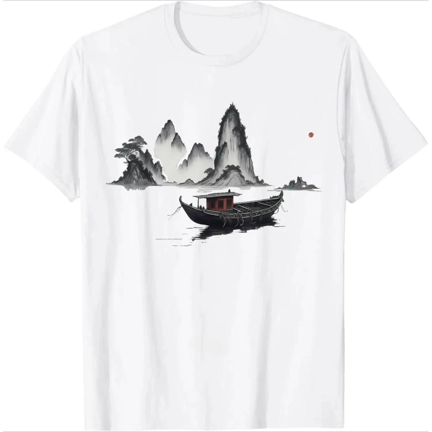 Chinese Ink Landscape Boat Graphic Tee Men's Casual Short Sleeve Crew Neck T-Shirt Trip