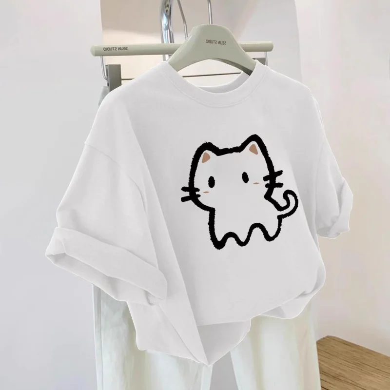 

Fashionable Pure Cotton Cute Kitten Short-sleeved T-shirt New Style Versatile Top for Women