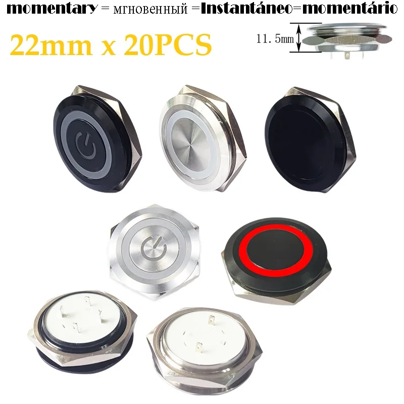 20PCS/BOX,22mm,Super Tiny Black Silver Metal Button Switch,LED 3V/6V/12V/24V Momentary Not Fixed,Machine Panel Dashboard Button