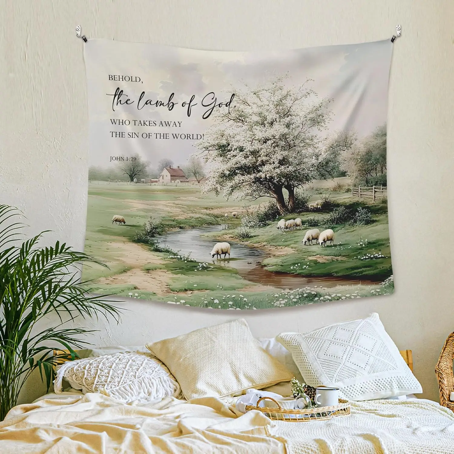 Christian Easter The Lamb of God Wall Tapestry, Rustic Spring Tapestries Wall Decor Art for Prayer Room Church Living Room