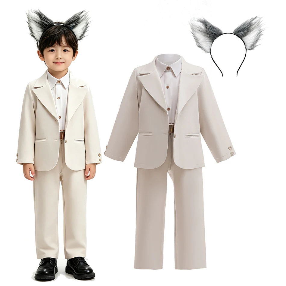 Kids 3‑Piece Suit Blazer Shirt Pants Grey Wolf Cosplay Outfi Boys Gentleman Formal Costume for Wedding  Halloween Role Play