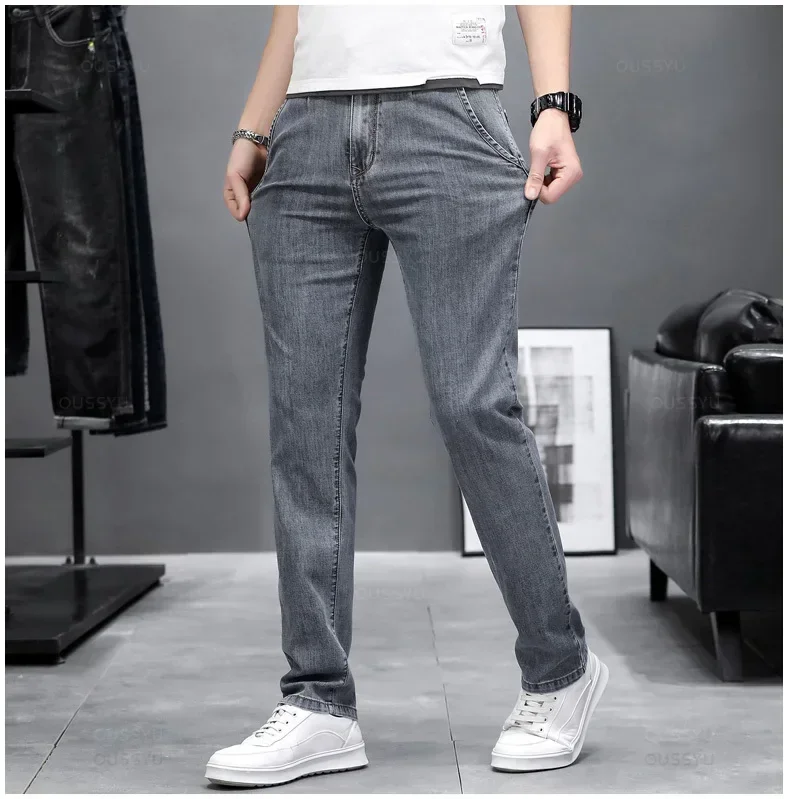 Pantalones vaqueros elásticos ajustados para hombre, pantalón informal de diseñador, de marca gris, talla grande 38 40, 2024