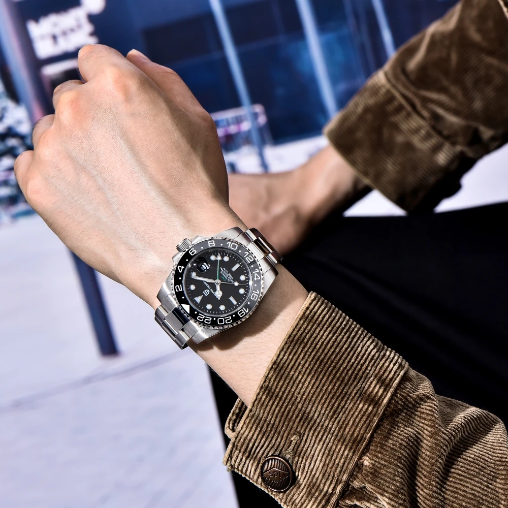 PAGANI DESIGN 2024 Men Mechanical Watch Stainless Steel Automatic Luxury Sapphire Crystal 40mm Ceramic Greenwich Mean Time 