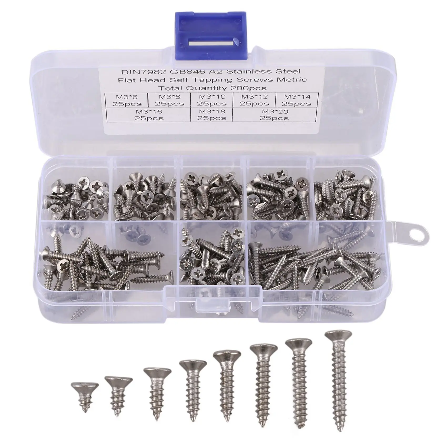 400Pcs M3 Stainless Steel Flat Head Screws Kits High Strength Self-Tapping Screws Assortment Set For Wood Furniture-AT36