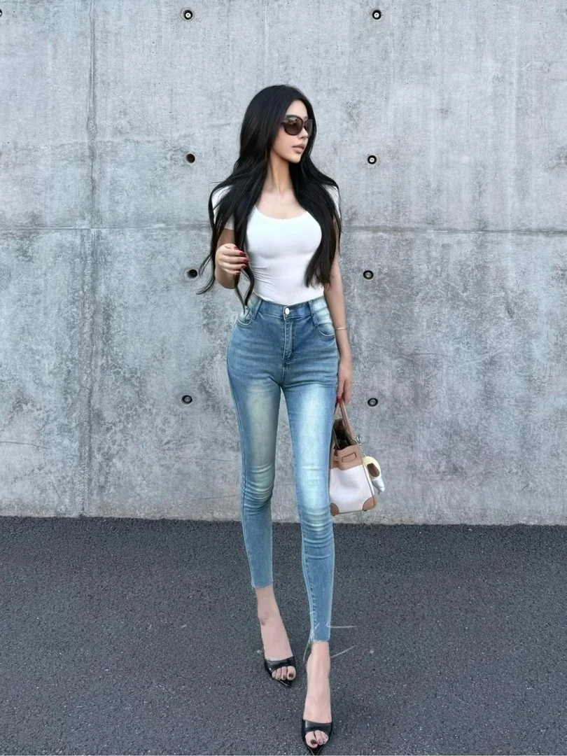 Retro Washed Texture Fashionable High Waist Lift Butt Sexy Tight Fit Slimming Denim Jeans Korean Style Elastic Ladies Pants