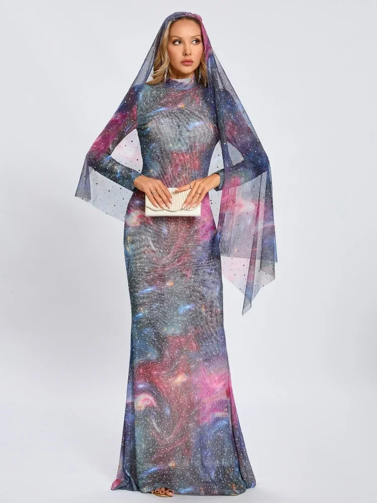 Sexy Starry Sky Sparkly Rhinestones Long Dress With Scarf Women Multi-colored Long Sleeve Diamonds Slim Dresses Evening Cocktail