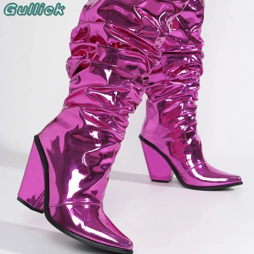 Gullick Rose Red Metallic Boots scarpe a punta tacchi alti tacchi a blocchi di colore solido Sexy Mid comode scarpe da donna primavera autunno