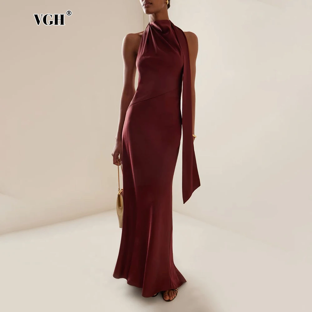 

VGH Backless Evening Sexy Dress for Women Stand Collar Spliced Alce Up Sleeveless High Waist Slimming Long Dresses Female Style