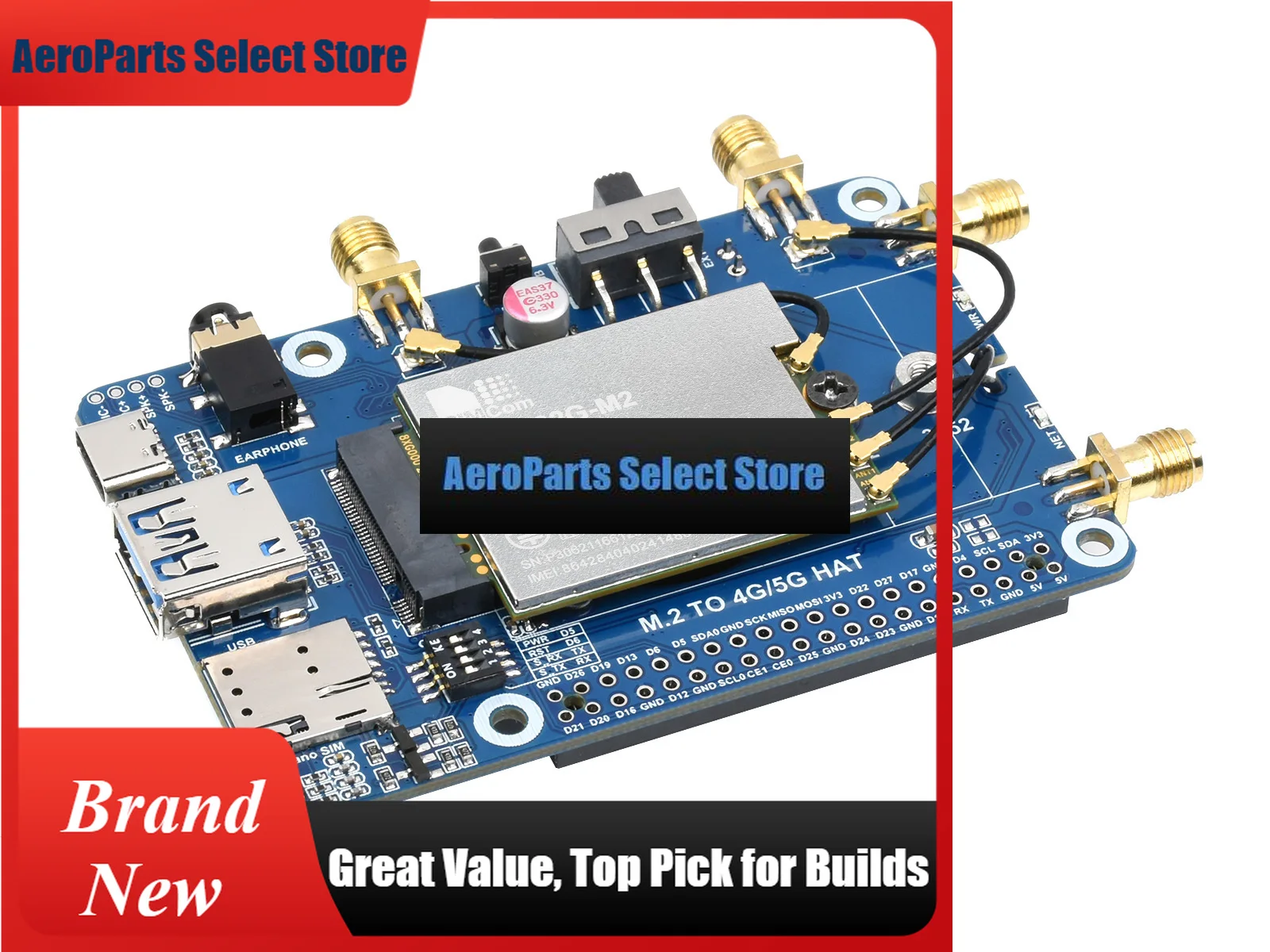 AeroPartsSIM8202G-M2 5G HAT (B) For Raspberry Pi, 5G/4G/3G, Snapdragon X55, Quad Antennas 5G NSA, Multi Band