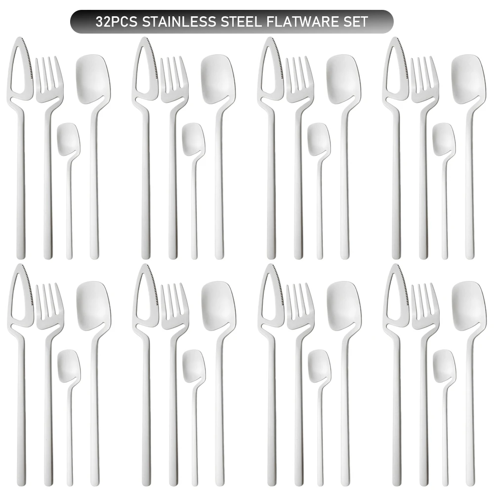 Western 32Pcs Silver Dinnerware Matter Cutlery Set Stainless Steel Flatware Knife Fork Spoons Tableware Kitchen Silverware Set