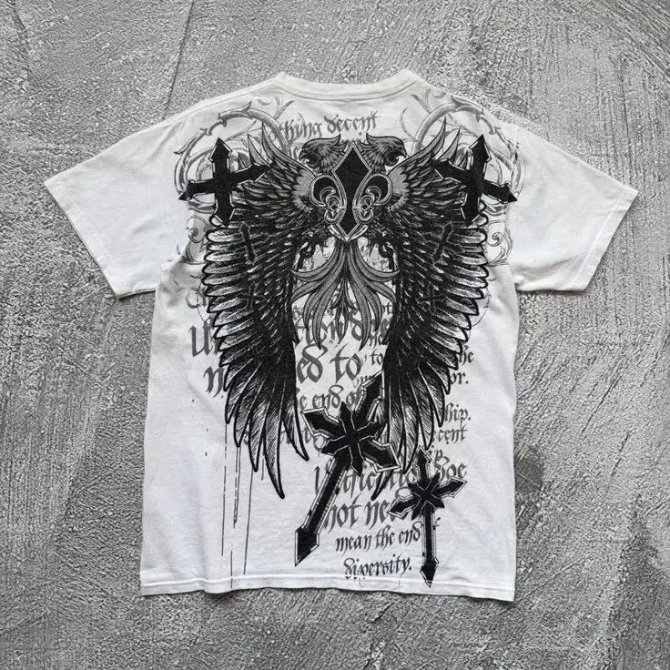 Klassisches T-Shirt im Y2K-Gothic-Stil, bedrucktes Oversize-T-Shirt, High-Street-Shirts, Gothic-Tops mit Rundhalsausschnitt aus Baumwolle, neues T-Shirt für Damen und Herren – Detail 5
