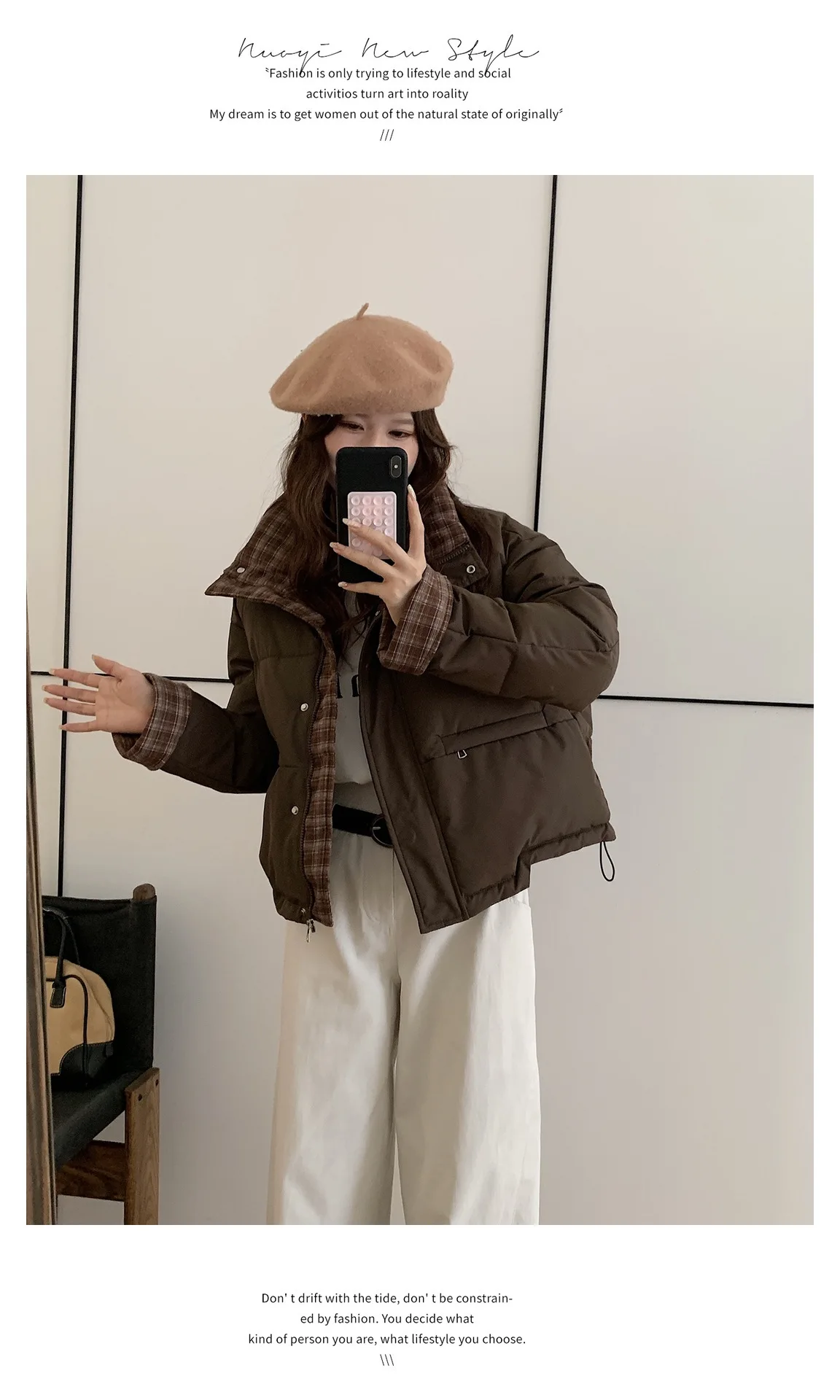 American Plaid Patchwork Puffer Jacket Women Winter Thick Stand Collar Short Parkas Woman Korean Casual Preppy Style Outerwear