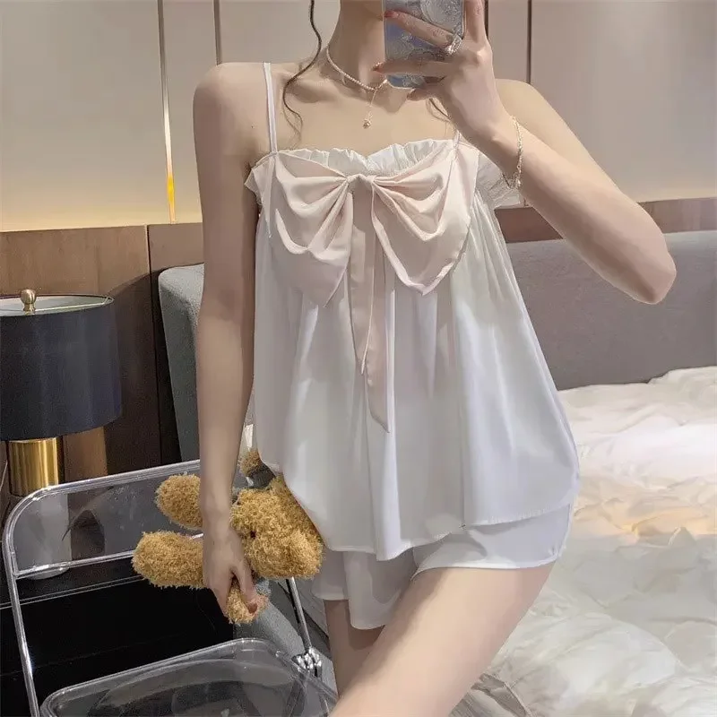 Princess Wind Bow Suspender Pajamas Female Summer Thin Cute Girl Ins Pajamas Home Pijamas Women Kawaii Satin Pjs Silk Pyjama Set