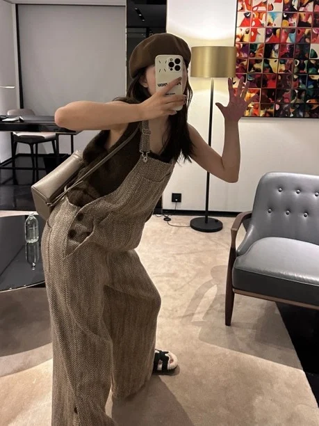 

Taozi Home Woolen Plaid Loose Straight Leg Overalls Casual Retro Wide Leg Pants Long Trousers Women's Faion mid Waist