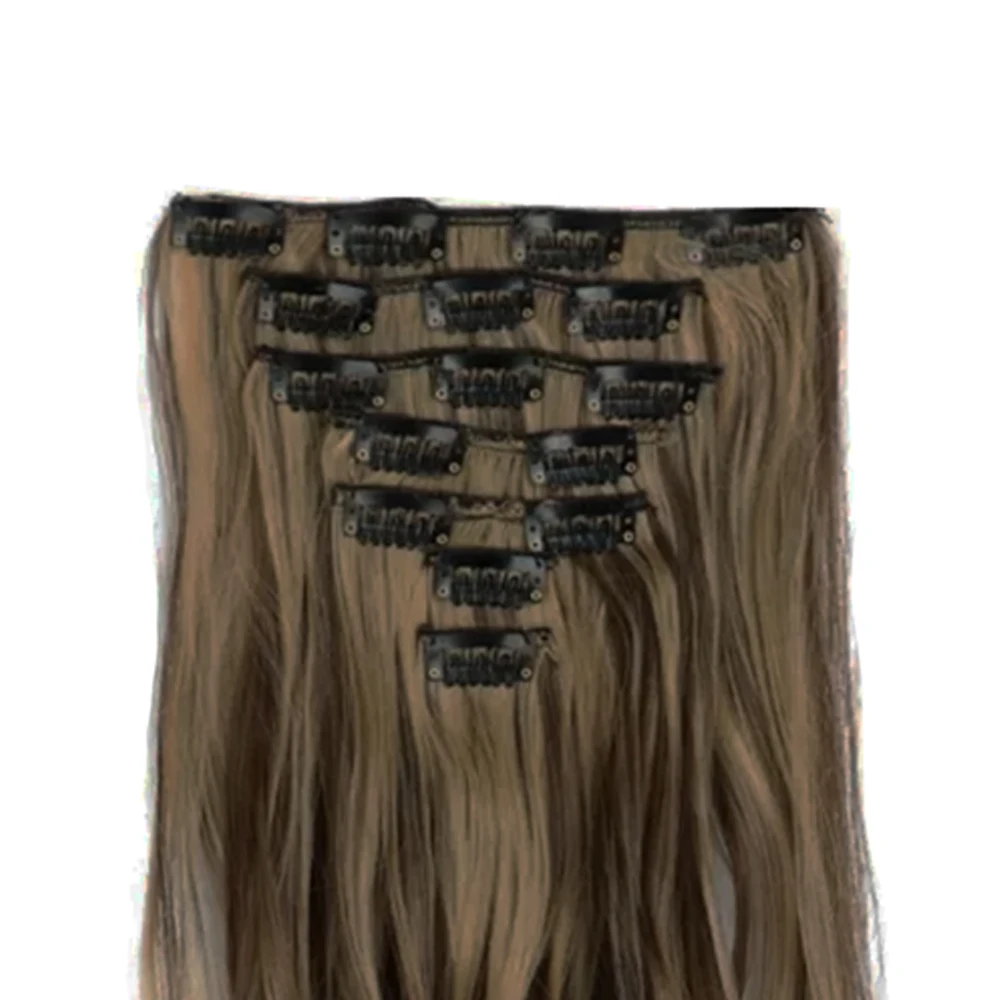 Soowee Curly Synthetic Hair Brown Clip in Hair Extensions Full Head Hair Pieces for Women Postiche Fake Natural Hair