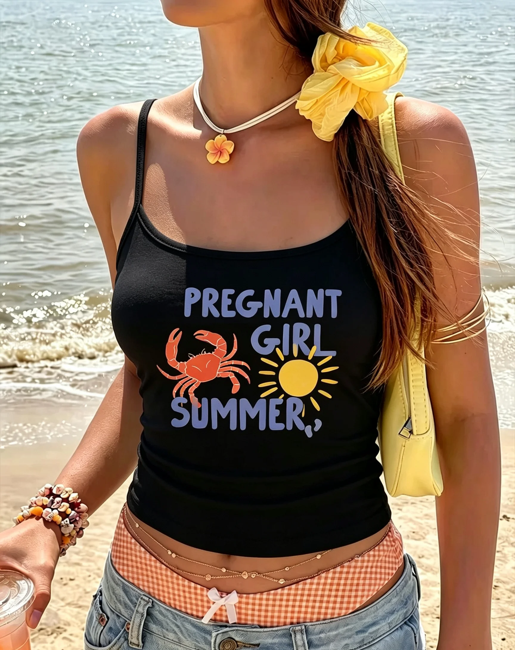 Blue Yellow Sun Crab Illustration Camisole Women Letter Print Tank Top Summer Aesthetic Sleeveless Vest Trendy Fashion Shirt
