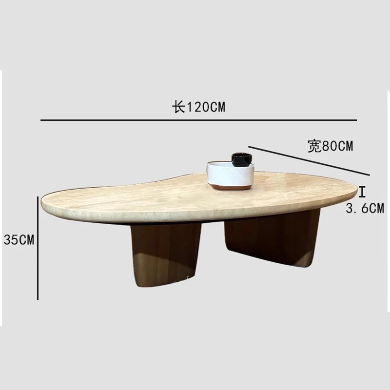 b11-Wabi-Sabi Style Solid Wood & Travertine Coffee Table Set - Minimalist Luxury Living Room Center Table Modern Home Furniture