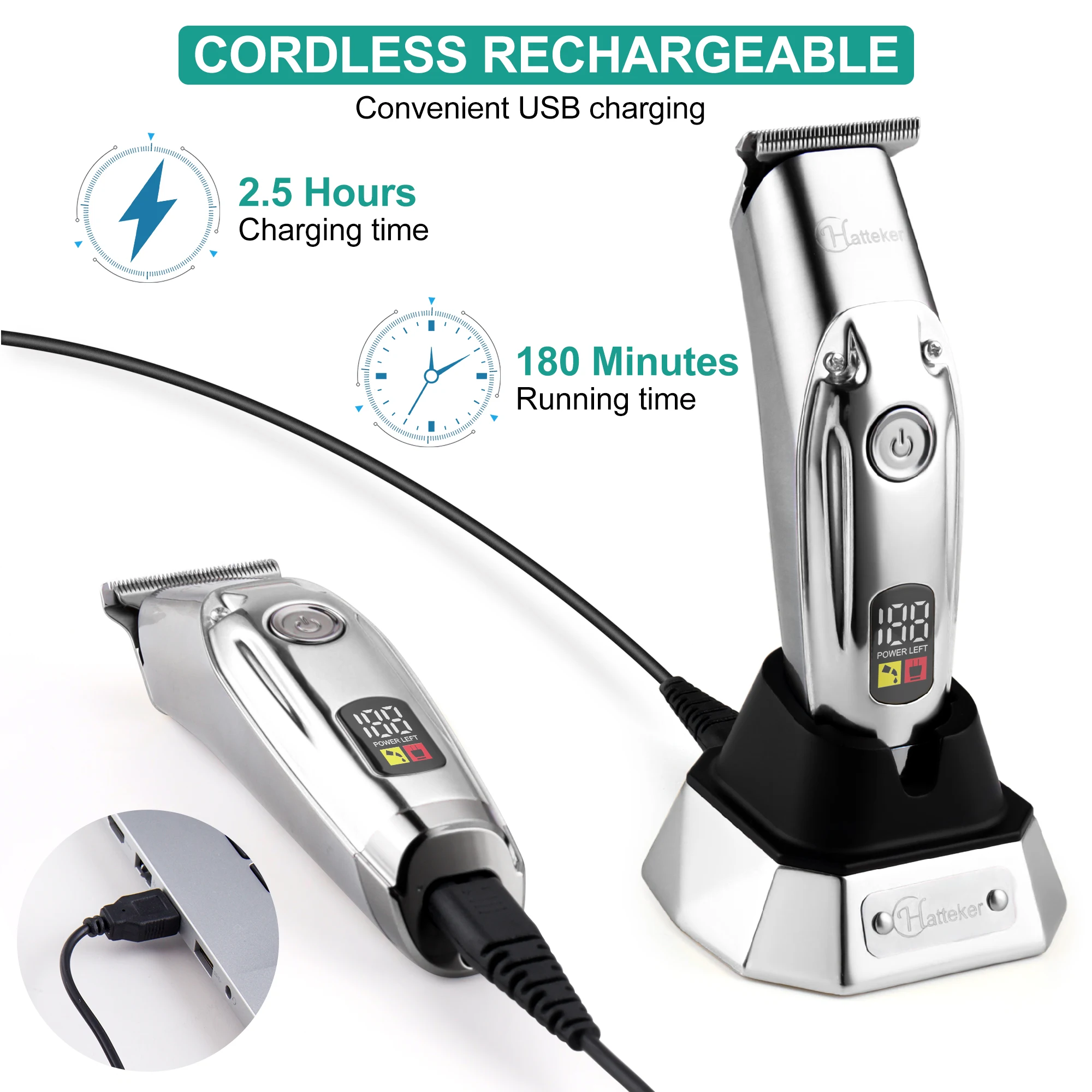 Hatteker 電動バリカン ヘアスカルプティングクリッパー ひげトリミング USB 充電 コードレス ポータブル使用