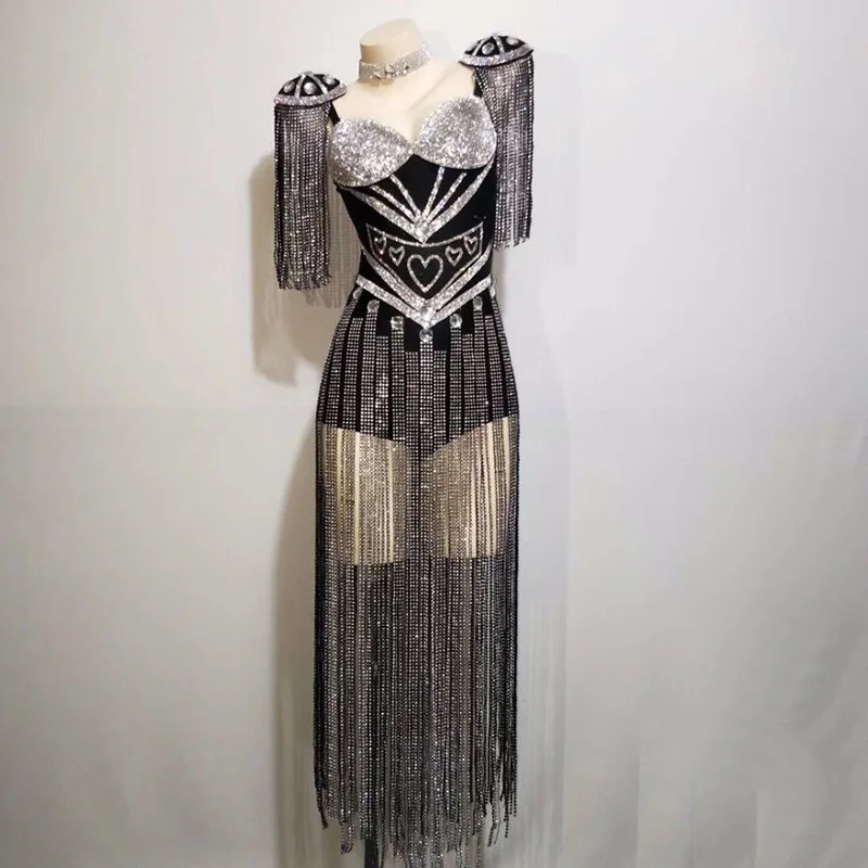 Traje Sexy con borlas brillantes para mujer, leotardo con flecos de Charretera de cristales, traje de fiesta de escenario, Ropa de baile de