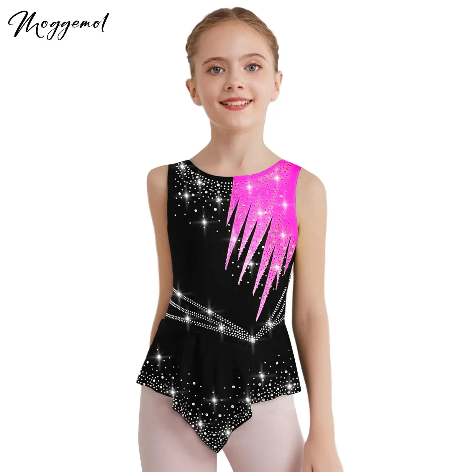 Girl Rhythmic Gymnastics Figure Skating Ballet Jersey Leotard Shiny Rhinestones Artistic Sleeveless Bodysuit Competition Costume