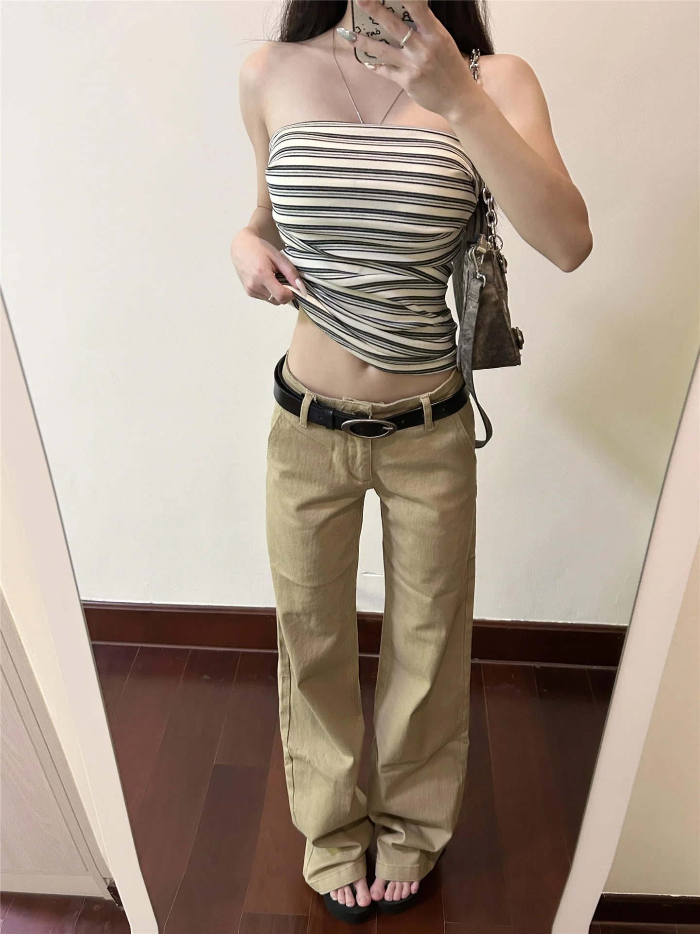 

Женские джинсы прямого кроя цвета хаки с низкой посадкой, свободные, эластичные, удлиненные, весенние, с высокой талией, для стройности