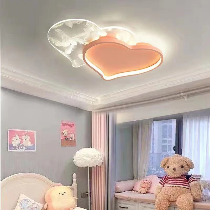 Feather Led Ceiling Lamp For Children Girls Room Women Princess Heart Shape Ceiling Light Bedroom Pink deco Baby Kids Chandelier