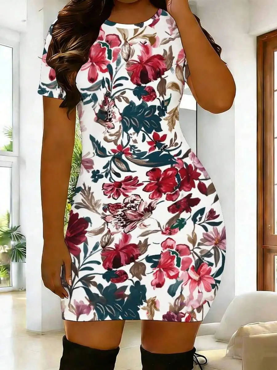 

Women Floral Print Bodycon Dress Short Sleeve Round Neck Midi Elegant Casual Party Vacation Wear