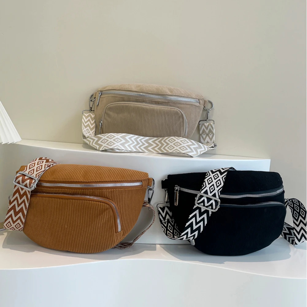 Corduroy Chest Bag Fashion Fanny Pack Wide Guitar Strap Vintage Shoulder Bag Multi-pockets Casual Waist Bag Casual Sports Bag