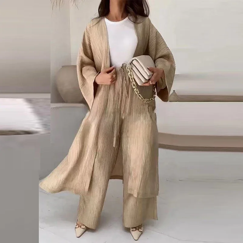 Elegant Female Loose Solid Color Outfits 2023 Women\'s Autumn Suits Lady Pleated Texture Top+Straight Casual Pants Two-Piece Sets