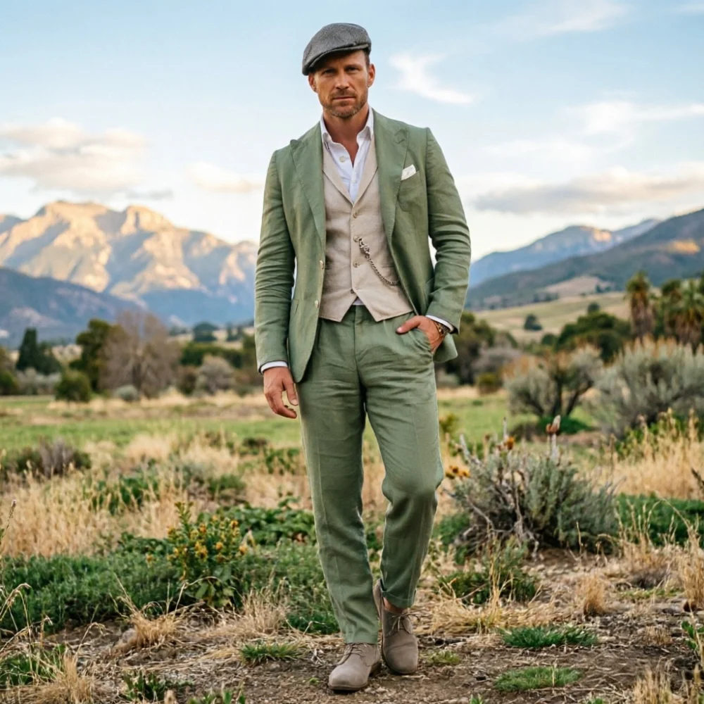 

Sage Green Linen Men 3 Piece Suit Breathable Slim Fit Summer Beach Formal Wear For Wedding Business Party Occasion Outfit