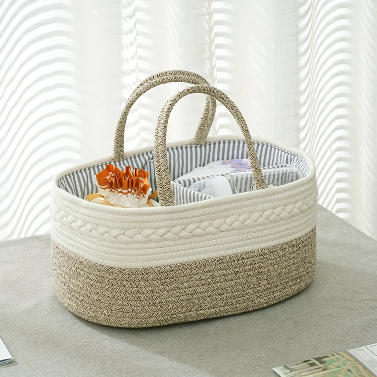 

Chic Portable Cotton Rope Diaper Caddy Basket with Divider- Multipurpose Organizer Bin Toiletry bag Grocery bags reusable Edible