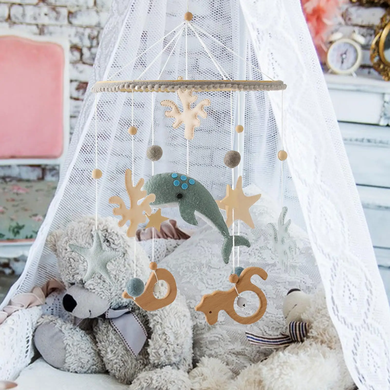 Sonajeros de madera para bebé, fieltro suave, oso de dibujos animados, estrella nublada, Luna, cama colgante, campana, cuna móvil, juguetes educativos Montessori, regalos