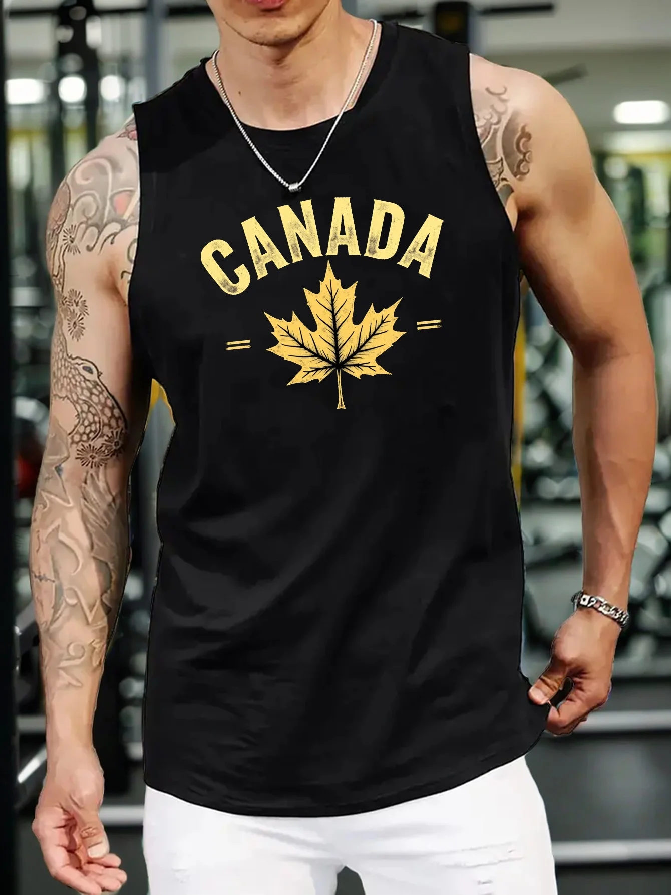 

Large Maple Leaf Retro Style Men's Sleeveless V-Neck Shirt - Red casual summer shirt with golden maple leaf design