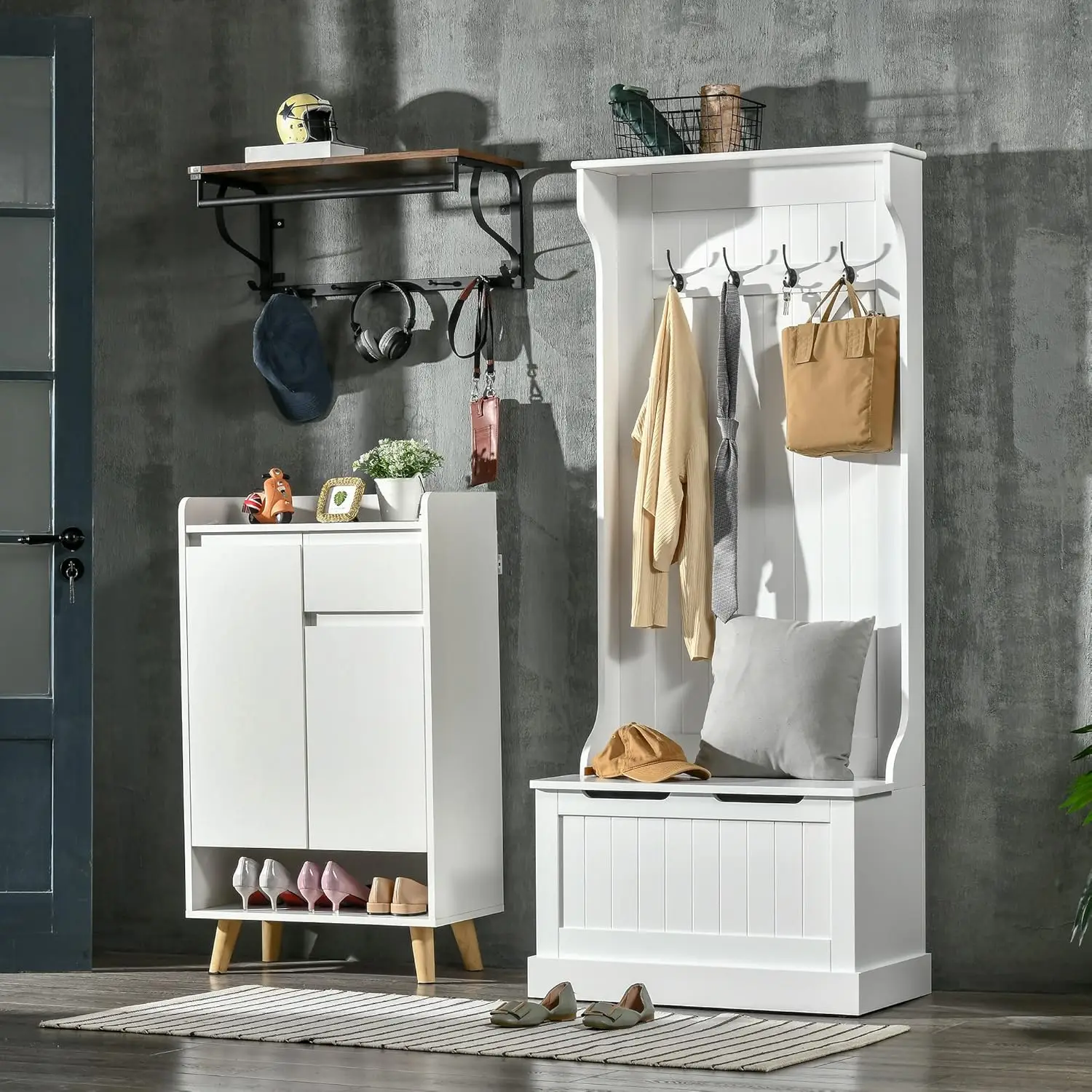 Hall Tree with Bench and Shoe Storage, 3-In-1 Entryway Bench with Coat Rack, 4 Hooks and Top Storage Compartment, White