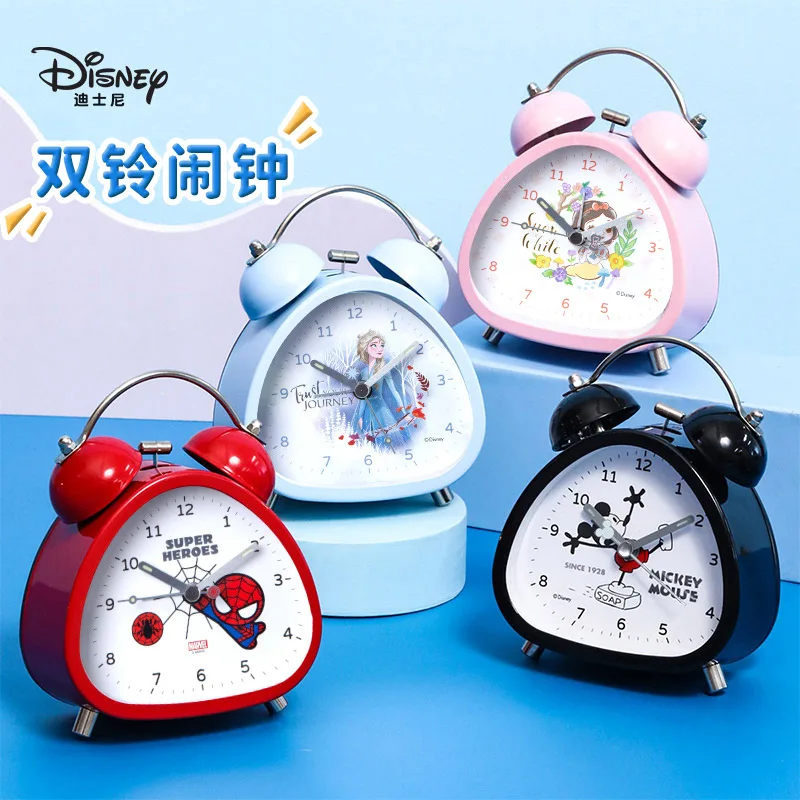 ديزني جرس المنبه الإبداعية الرجعية طالب الكرتون ميكي ماوس المعادن مضيئة مزدوجة مؤشر الجرس على مدار الساعة هدية الكريسماس