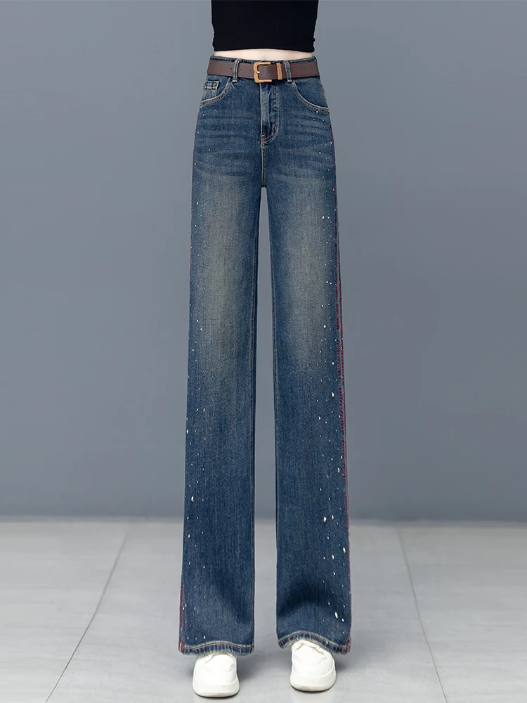 

Slim Wide Leg Denim Jeans Women's Spring Autumn Fashion Rhinestone Embroidered High Waist Slimming Straight Cut Casual Cotton...