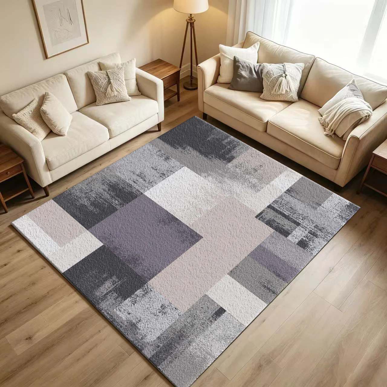 Modern Abstract Geometric Block Carpet Flooring Grunge Distressed Neutral Tone Square Patchwork Printed Floor Rug for Household Indoor Home Interior Decoration